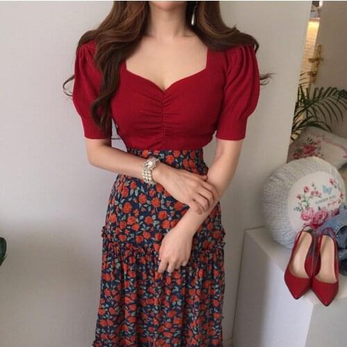 High Quality Korean Office Ladies 2 piece Skirt Sets Women Summer V-neck Solid Stretch Tshirt and Floral Print Maxi Skirts Suits