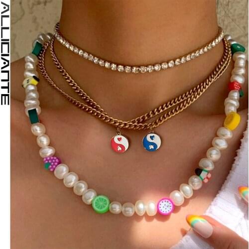 4 Pcs Boho Colorful Yin Yang Pearls Beaded Necklace For Women Fruits Bead Imitation Pearl Choker crystal Chain Layered Jewelry