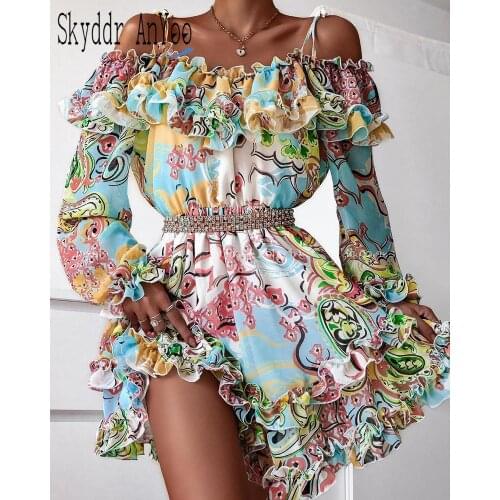 2021 Autumn Women Dress Floral Printed Off Shoulder Long Sleeve Elegant Dresses Ruffles A-Line Casual Short Dresss