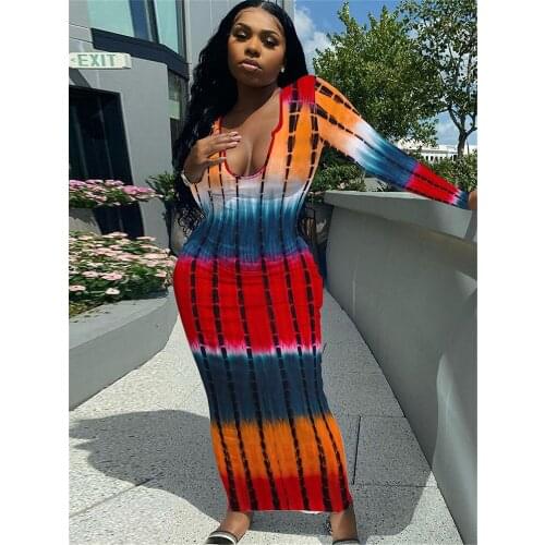 Womens Tie Dye Print Knitted Long Dresses Early Autumn Cleavage Deep V Neck Long Sleeve Vestidos Sexy Body-shaping Party Dress