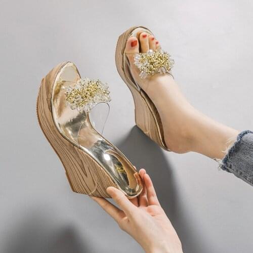 2021 New Outside Crystal flowers Transparent Wedges Slides Thick Platform Modern Slippers Summer Women Sandals 11.5cm High Heels