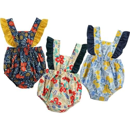 2021 0-3Y Boho Newborn Baby Girls Romper Tie Up Floral Print Fly Sleeve Square Collar Playsuit Holiday One Piece Outfit