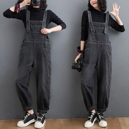 2021 han edition of large size denim overalls loose to reduce age since show thin waist beam foot conjoined trousers