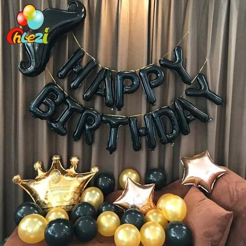 37pcs/lot Black Gold style birthday foil balloons Happy birthday letter party Decor Crown beard helium Ballon Party room shower