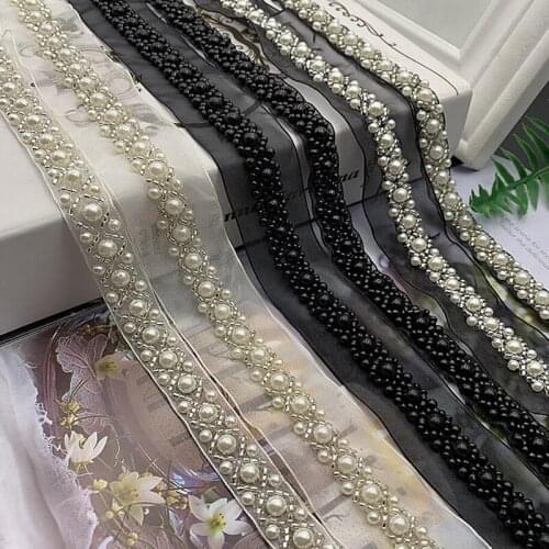 5Yds Costume Dress Sewing Supplies Craft White Black Pearl Beads Embroidered Lace Trim Ribbon DIY material