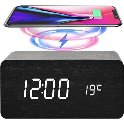 Wooden Alarm Clock With Qi Wireless Charging Pad Compatible With For phone Wood Led Digital Clock Sound Control Function