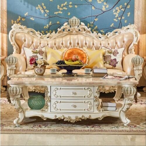European villa living room pearl white luxury crown solid wood carved tea table high-end furniture
