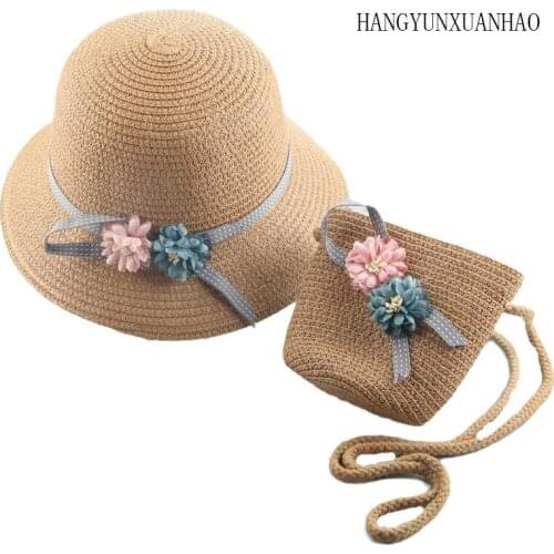 HANGYUNXUANHAO 2019 New Korean Spring Summer Ribbon Bow Double Flower Hat Child Straw Hat Baby Girls Beach Hat + bag Sun Hat