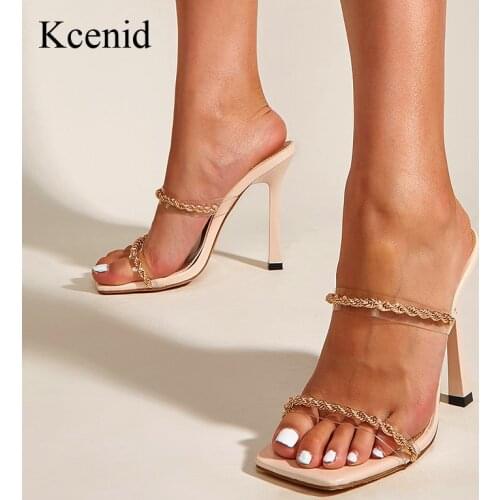 Kcenid New Sexy Transparent PVC Shoes For Women Fashion Metal Decoration High Heels Slipper Summer Square Toe Ladies Party Pumps