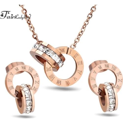 Fairladyhood Lucky Roman Digital Pendant Necklace Set Stainless Steel Clavicle Pendant Fashion Wild Stainless Steel Jewelry Set