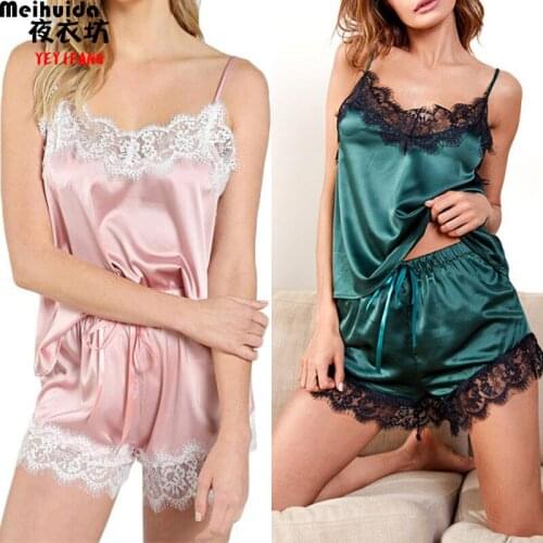Summer New Silk Sling Nightwear Sleeveless Shorts 2Pcs Lace Sexy Nightgown Womens Pajamas Korean Sweet Home Clothes Sleepwear