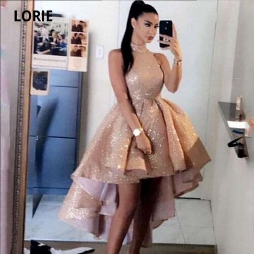 LORIE Rose Gold Fairy Prom Dresses High Neck High Low Party Dress for Graduation Short Front Long Back Cute Celebrity Girl Gown