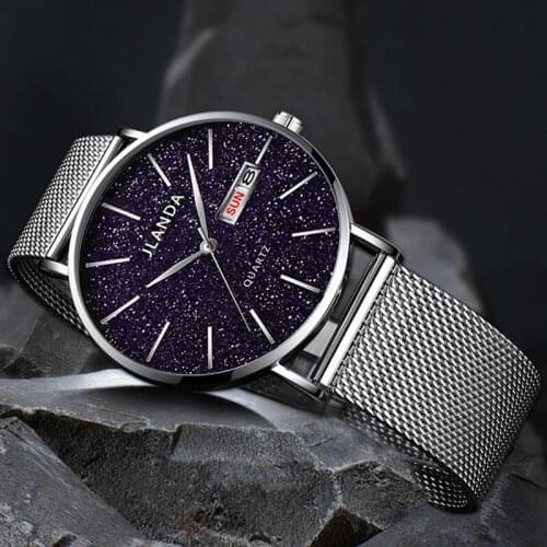 2021 New Jinfengda Brand Mens Mesh Watch Starry Sky Quartz Watch Waterproof Trend Double Calendar Male Student Table