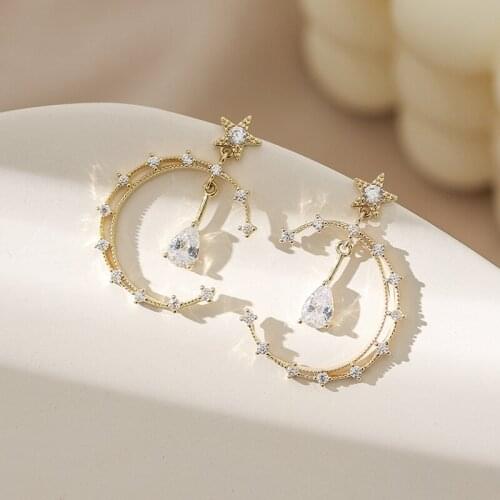 Huge Bud Zirconia Drop Earrings Korean Moon Star Dangle Cute Sweet Eardrop For Women Girls Brincos Kpop Earrings Fashion Jewelry
