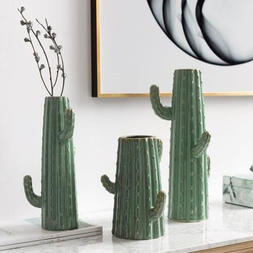 Nordic Green Glaze Cactus Vase Sculpture Ornaments Living Room Table Ceramic Flower Arrangement Home Decoration Accessories