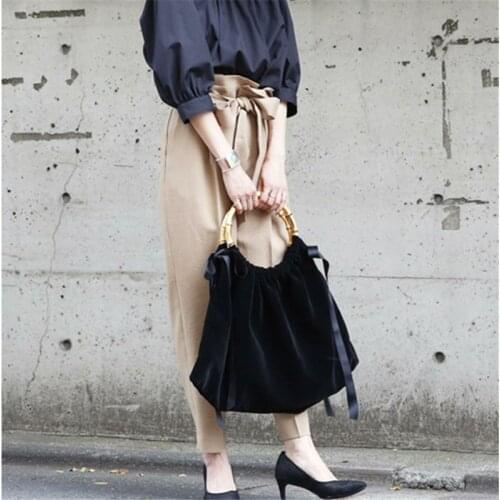 Women Bags Handbag Silk Ribbon Velvet Tote Bag Slub Handbag Bamboo Handles Metal Luxury High Quality Vintage Bag Black Purse