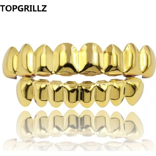 TOPGRILLZ 8/8 Hip Hop Teeth Grillz Set Gold Silver Color Top & Bottom Body Jewelry Punk Cosplay Party Tooth Grills Gifts