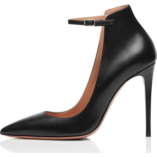 Pointed Toe High Heels Ankle Strap Pumps Women Elegant Black White PU Leather Office Shoes Party Evening Dress Ladies Stilettos