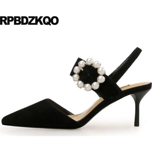 Women strap scarpin pointed toe strange sandals special mary jane pumps pearl high heels suede beaded wedding shoes slingback