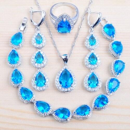 Amazing Present Blue Crystal silver color costume jewelry set for women bracelet pendant necklace earrings ring set women QS0182