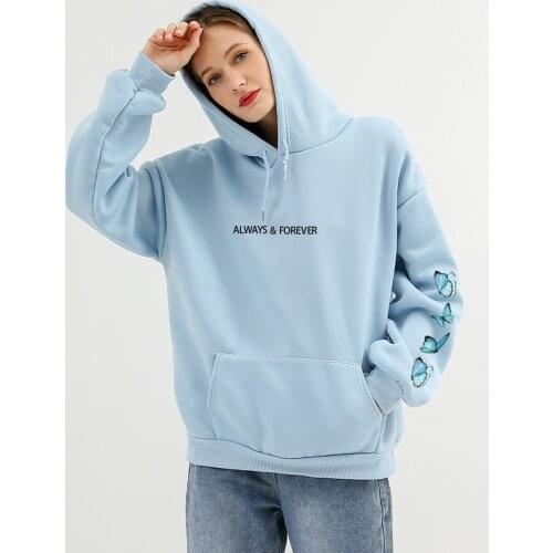 Vintage Hoodies Aesthetic Blue Butterfly Letter Printed Tracksuit New Sweatshirts Winter Thick Warm Women Tops Long Sleeve