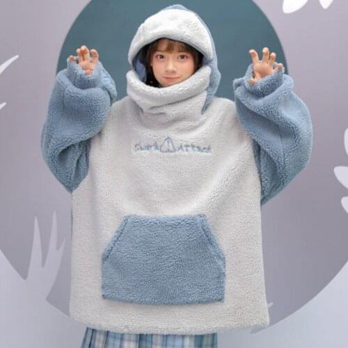 Womens Casual Shark Hoodie Loose Pullover Zipper up Hooded Sweatshirt with Large Front Pocket H9