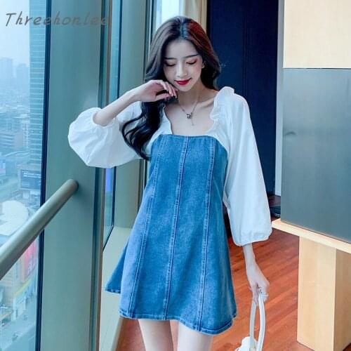 2021 Summer New Korean Casual Woman Denim Dress Three Quarter Puff Sleeve Patchwork Denim Mini Female Fashion Dress Vestidos