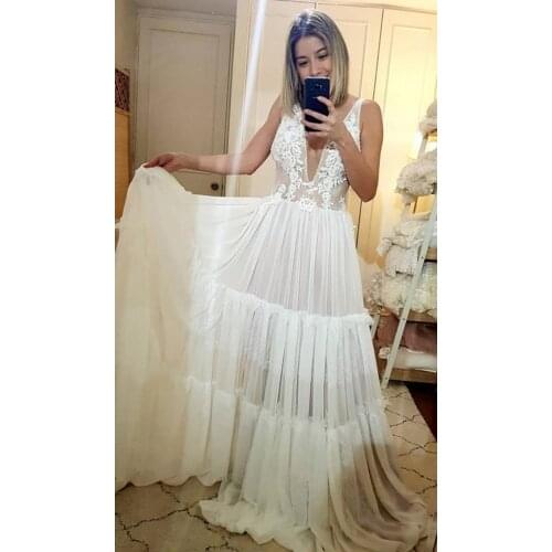 Sexy Deep V Neck Wedding Dress Bohemian A-Line Chiffon For Brides Lace Appliques Wedding Gowns Country Style Sleeveless Low Back