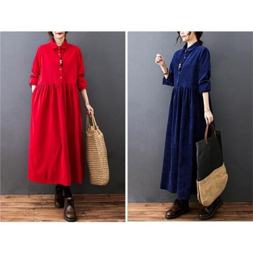 2021 New Autumn Winter Women Dress Vintage Solid Corduroy Casual Loose Fashion Long Sleeve Office Elegant Ladies Dresses Lady