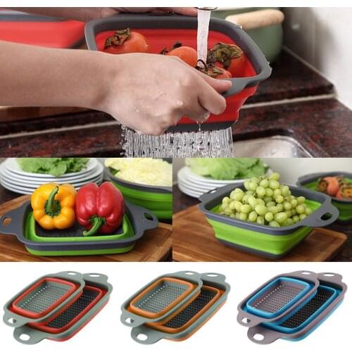 2pcs/set Foldable Silicone Colander Collapsible Washing Basket Draining Strainer Basket With Handle Kichen Accessories Tools