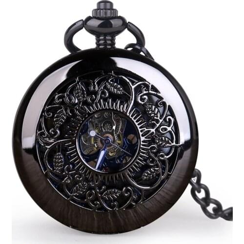 5PCS/lot All black Steel Hollow Mechanical Pocket Watches Hand-winding Men Women Fob Watch Male Clock with Pendant Chain