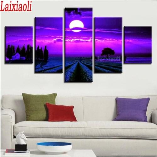 DIY Diamond Embroidery Landscape 5 PCS Diamond Painting Cross Stitch Mosaic Purple Moon Lavender Field Full Square Round drill