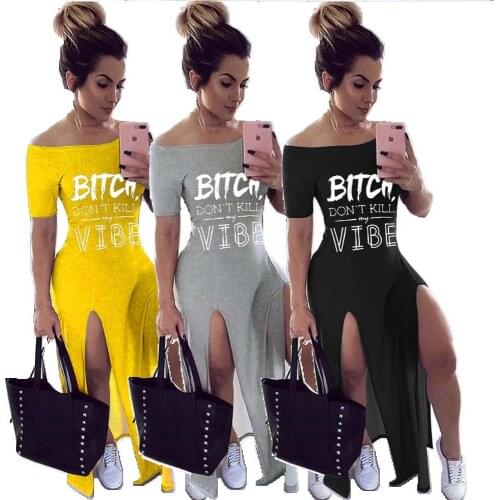 European and American sexy womens summer fashion womens party dress solid color one-shoulder split dress long skirt