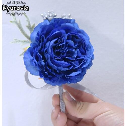 Kyunovia Royal Blue Girl Bride Bridesmaid Wrist Corsage Party Prom Groom Buttonhole Wedding Event Accessories Boutonnieres D42