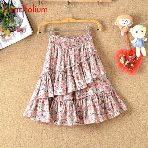 Cottagecore Ruffle Floral Mini Skirt Women Summer 2021 Korean Fashion Pleated Elastic High Waist Chiffon Miniskirt Kawaii Skort