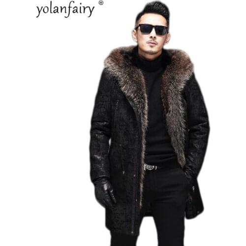 YOLANFAIRY 2020 Mens Genuine Leather Parkas Coat Male real Raccoon Mink Fur Clothes Mens natural Trench Coat Ropa 19-2301 TN12