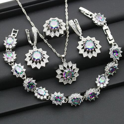 Rainbow Cubic Zirconia 925 Silver Jewelry Sets For Women Wedding Exquisite Flower Shaped Earring Pendant Necklace Ring Bracelet