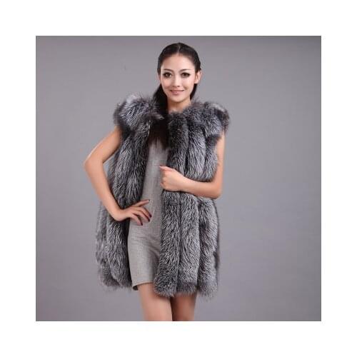 New genuine real natural womens fox fur vest medium-long ladies fashion gilet Luxury Waistcoat Thick Warm Winter Jacket Coat
