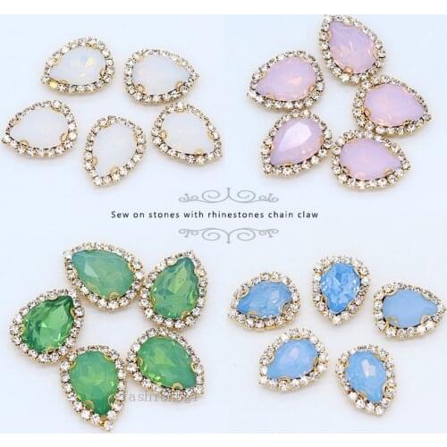 Opal color Teardrop Stone strass chain Gold base sew on crystal Diamante rhinestones sewing trims beads DIY clothing accessories