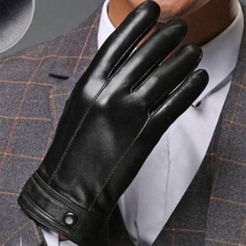 Autumn Winter Genuine Leather Man Gloves Thicken Plush Lined Fashion Black Finger Touchscreen Sheepskin Gloves Male M052