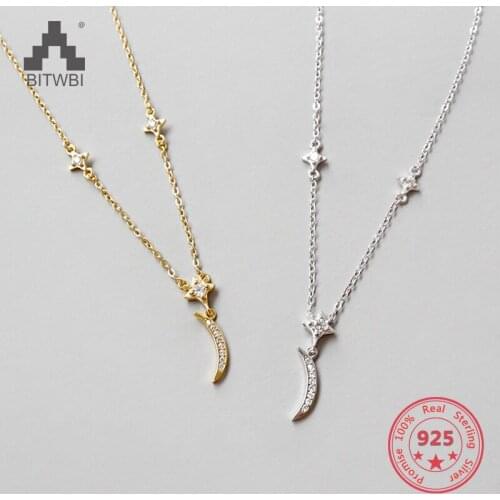 Fashion AAAA Zircon 925 Sterling Silver Sweet Cute Moon And Stars Chain Necklaces & Pendants For Women Fine Jewelry