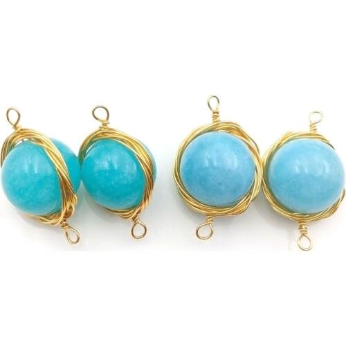 Gems stone pendant gold color copper wire wrapped Beads blue stone Fashion connector for DIY Jewelry making