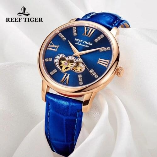 Reef Tiger/RT Fashion diamond Design Lady Clock Elegant Women Waterproof Watches Leather Strap Automatic Mechanical Watch