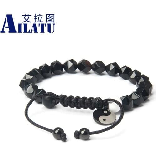Tai Chi Ying Yang Macrame Bracelet with 8mm Natural Cut Black Onyx Stone Beads Wristband Rope Jewelry Friends Gift, Accessories