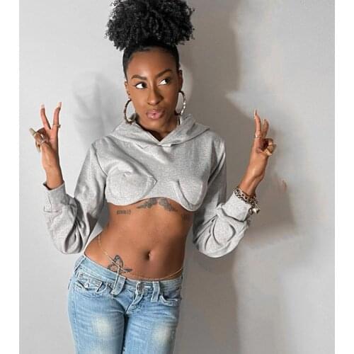 Echoine Gray Long Sleeve Crop Top Short Hoodies Hoody Women Autumn Winter Pullover Shirt Top Party Club Streetwear Sweatshirt