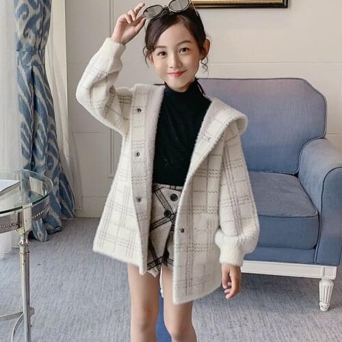 High Quality Girls Fashion Mink Velvet Woolen Jacket Fall Winter Children Casual Plaid Overcoat Kids Long Thick Hooded Coat P207