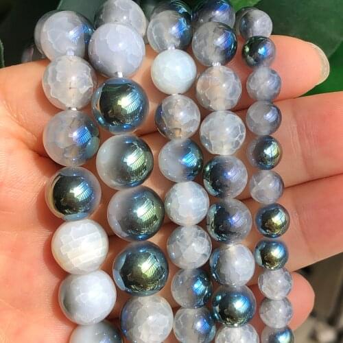 Green Multicolor Metallic Coated Beads Natural White Cracked Dragon Fire Agates Loose Beads for Jewelry Making DIY Bracelet 15"