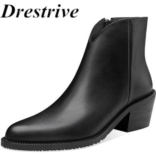 Drestrive Women Ankle Boots Black Cow Leather Pointed Toe 2021 Classics Winter Shoes Thick Mid Heels Zipper Platform Big Size 43
