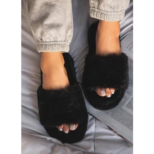 2021 New Women Slip on Suede Slippers Open Toe Women Home Slippers Winter Fluffy Furry Slippers Women Flat with Fur Slides