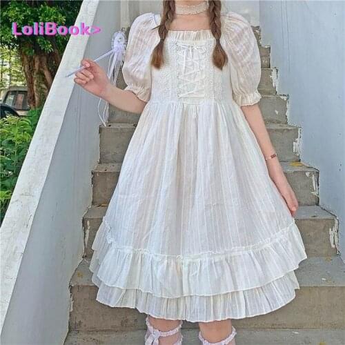 Lolibook White Kawaii Lolita Dress Women Summer Japanese High Waist Elegant Sweet Dress Bow Chic Party Holiday Casual Dress 2021
